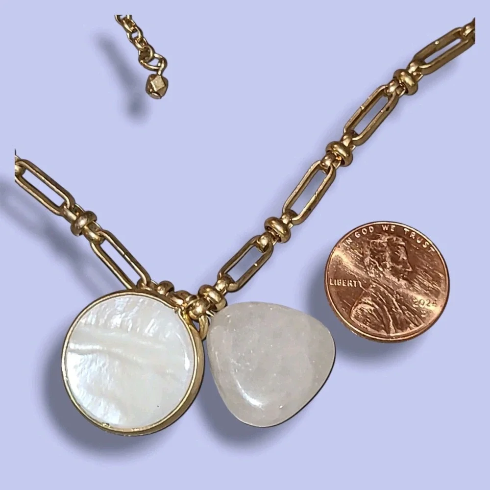 Loft Gold Tone Chain White MOP & Rose Quartz Pendent Charm‎ Necklace
